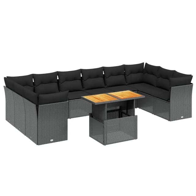 vidaXL 11-Tlg Garten-Sofagarnitur mit Kissen Schwarz Poly Rattan 3271020