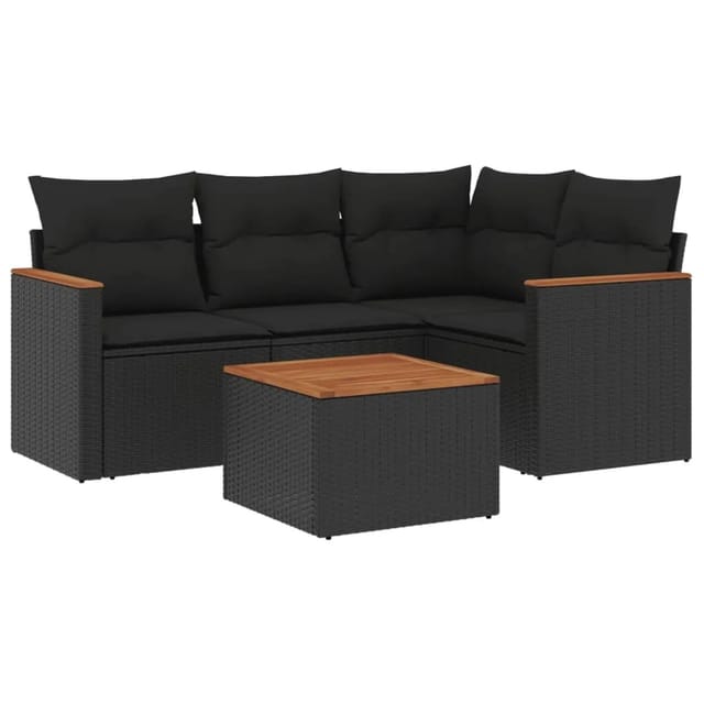 vidaXL 5-Tlg Garten-Sofagarnitur mit Kissen Schwarz Poly Rattan 3225936