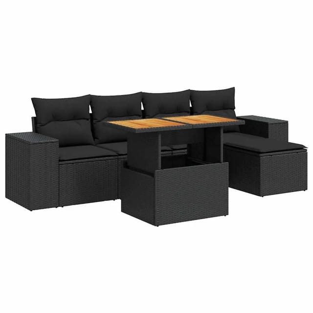 vidaXL 6-Tlg Garten-Sofagarnitur mit Kissen Schwarz Poly Rattan 3327359