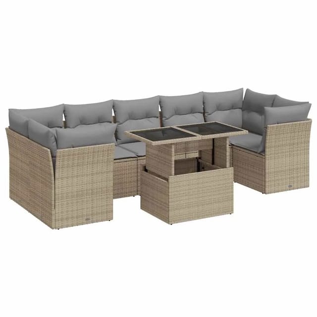 vidaXL 8-Tlg Garten-Sofagarnitur mit Kissen Beige Poly Rattan 3326120