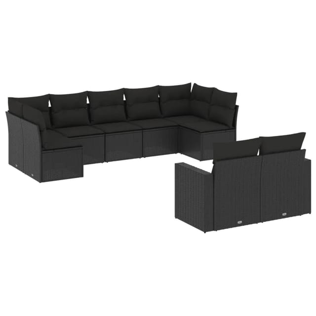 vidaXL 9-Tlg Garten-Sofagarnitur mit Kissen Schwarz Poly Rattan 3219405