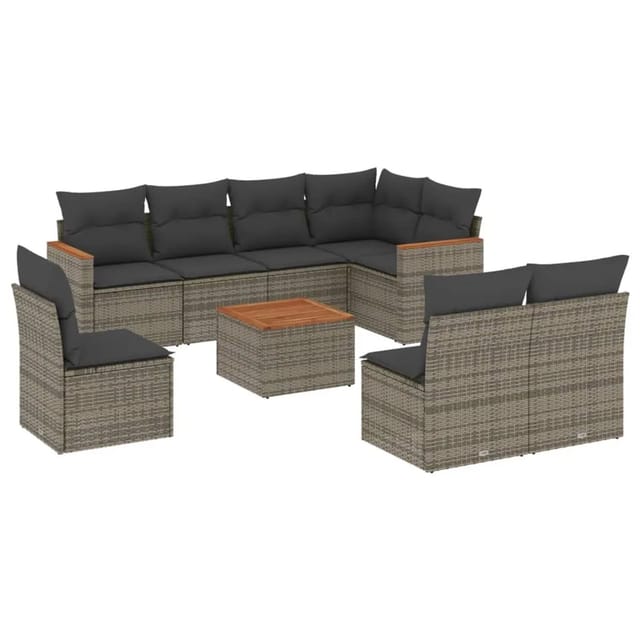 vidaXL 9-Tlg Garten-Sofagarnitur mit Kissen Grau Poly Rattan 3226053