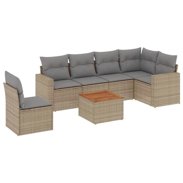 vidaXL 7-Tlg Garten-Sofagarnitur mit Kissen Beige Poly Rattan 3256479