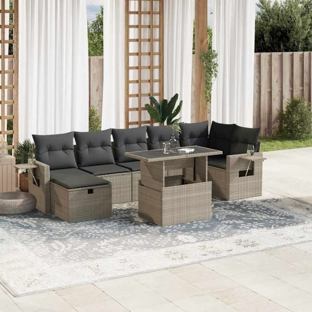 vidaXL 8-Tlg Garten-Sofagarnitur mit Kissen Hellgrau Poly Rattan 3274992