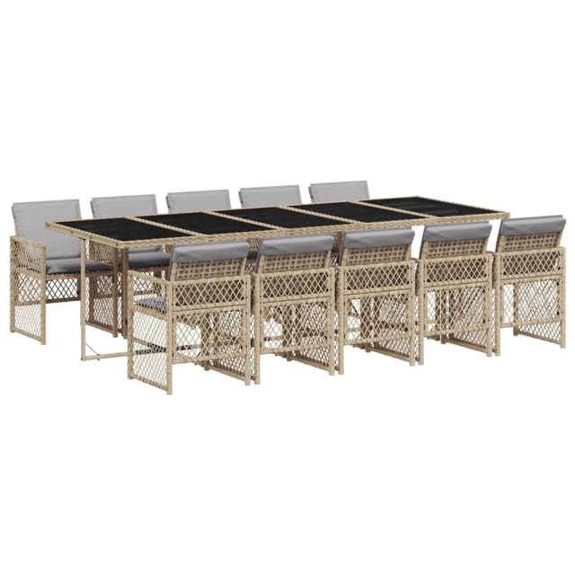 vidaXL 11-Tlg Garten-Essgruppe mit Kissen Beige Poly Rattan 3210756