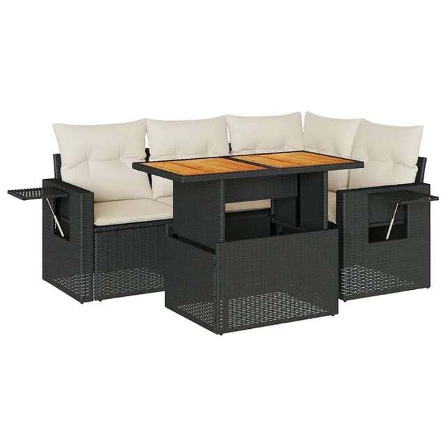 vidaXL 5-Tlg Garten-Sofagarnitur mit Kissen Schwarz Poly Rattan 3327143