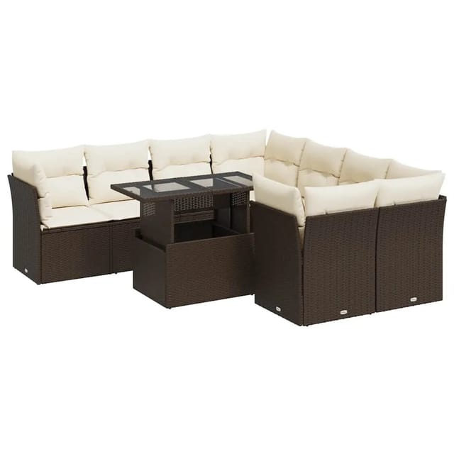 vidaXL 9-Tlg Garten-Sofagarnitur mit Kissen Braun Poly Rattan 3326134