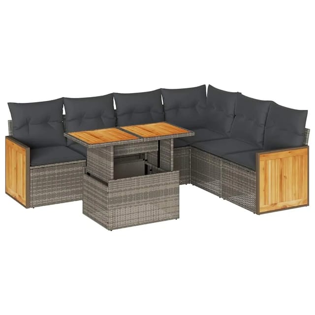 vidaXL 7-Tlg Garten-Sofagarnitur mit Kissen Grau Poly Rattan Akazie 3327721