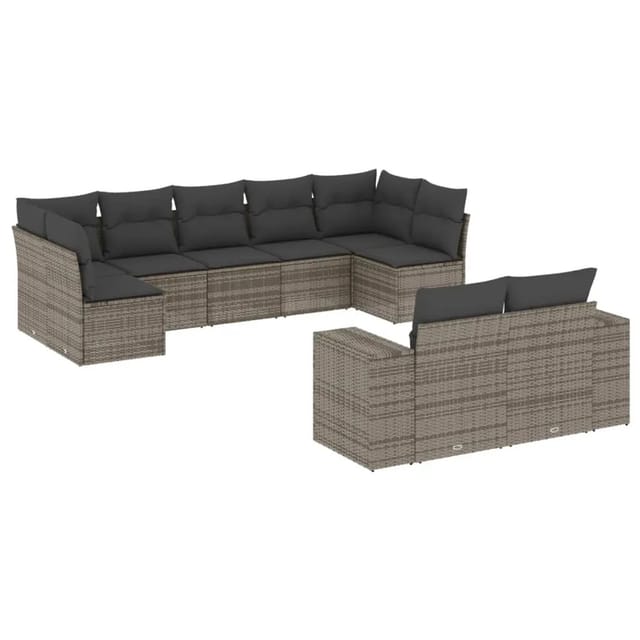 vidaXL 9-Tlg Garten-Sofagarnitur mit Kissen Grau Poly Rattan 3255357