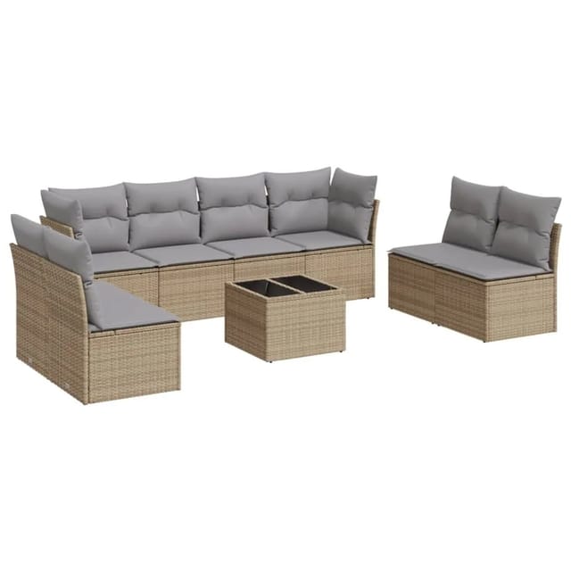 vidaXL 9-Tlg Garten-Sofagarnitur mit Kissen Beige Poly Rattan 3249298