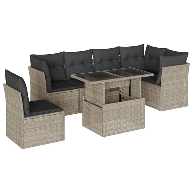 vidaXL 7-Tlg Garten-Sofagarnitur mit Kissen Hellgrau Poly Rattan 3266622