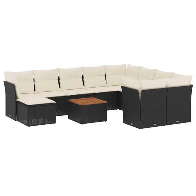vidaXL 11-Tlg Garten-Sofagarnitur mit Kissen Schwarz Poly Rattan 3256301