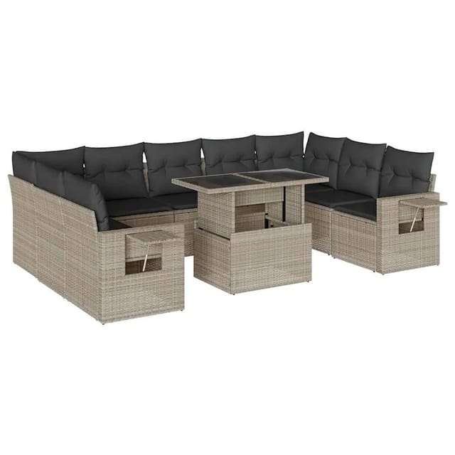 vidaXL 10-Tlg Garten-Sofagarnitur mit Kissen Hellgrau Poly Rattan 3268112