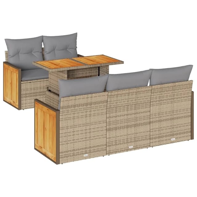 vidaXL 6-Tlg Garten-Sofagarnitur mit Kissen Beige Poly Rattan Akazie 3327664