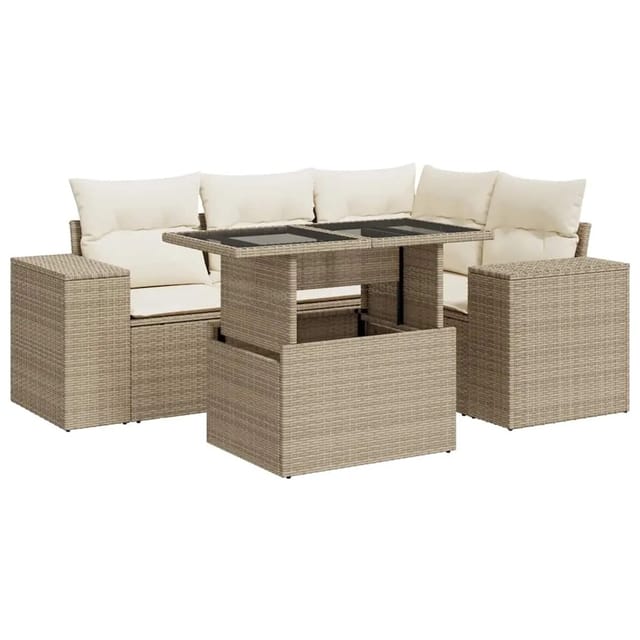 vidaXL 5-Tlg Garten-Sofagarnitur mit Kissen Beige Poly Rattan 3326789