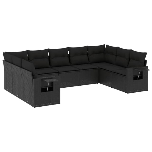 vidaXL 9-Tlg Garten-Sofagarnitur mit Kissen Schwarz Poly Rattan 3220594