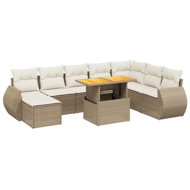 vidaXL 9-Tlg Garten-Sofagarnitur mit Kissen Beige Poly Rattan 3275851