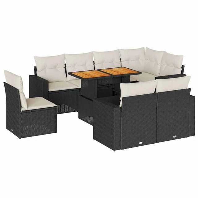vidaXL 9-Tlg Garten-Sofagarnitur mit Kissen Schwarz Poly Rattan 3327052