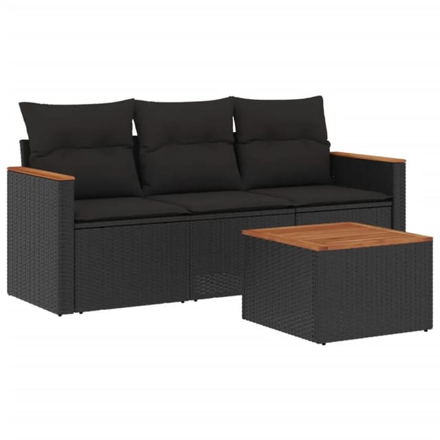 vidaXL 4-Tlg Garten-Sofagarnitur mit Kissen Schwarz Poly Rattan 3225761