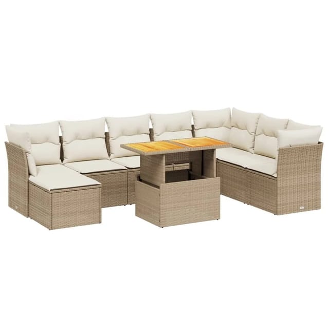 vidaXL 9-Tlg Garten-Sofagarnitur mit Kissen Beige Poly Rattan 3275515