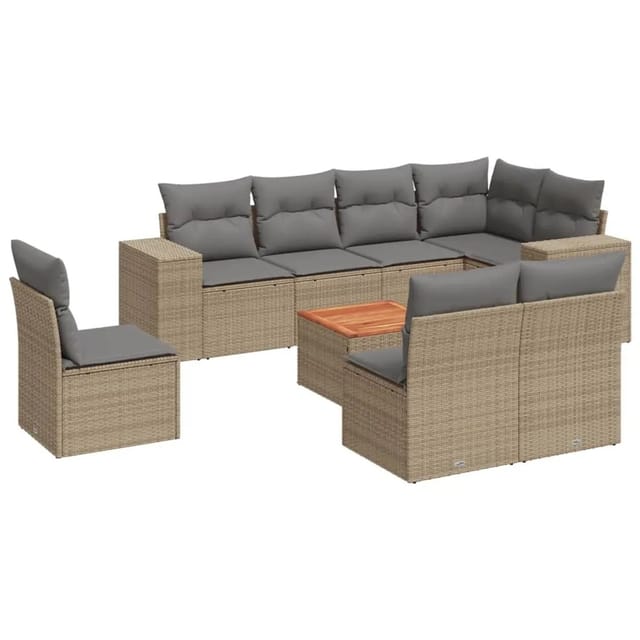 vidaXL 9-Tlg Garten-Sofagarnitur mit Kissen Beige Poly Rattan 3257816