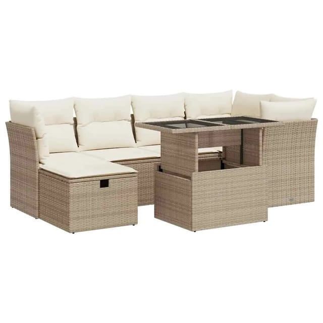 vidaXL 7-Tlg Garten-Sofagarnitur mit Kissen Beige Poly Rattan 3327778