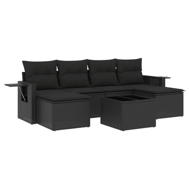 vidaXL 7-Tlg Garten-Sofagarnitur mit Kissen Schwarz Poly Rattan 3252862