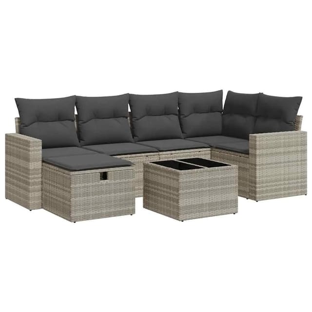 vidaXL 7-Tlg Garten-Sofagarnitur mit Kissen Hellgrau Poly Rattan 3325398