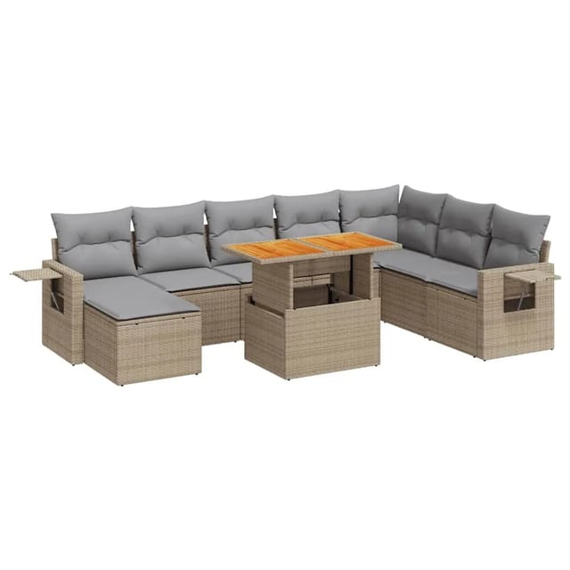 vidaXL 9-Tlg Garten-Sofagarnitur mit Kissen Beige Poly Rattan 3327188