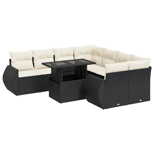 vidaXL 9-Tlg Garten-Sofagarnitur mit Kissen Schwarz Poly Rattan 3326607