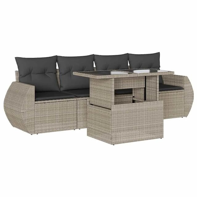 vidaXL 5-Tlg Garten-Sofagarnitur mit Kissen Hellgrau Poly Rattan 3268362