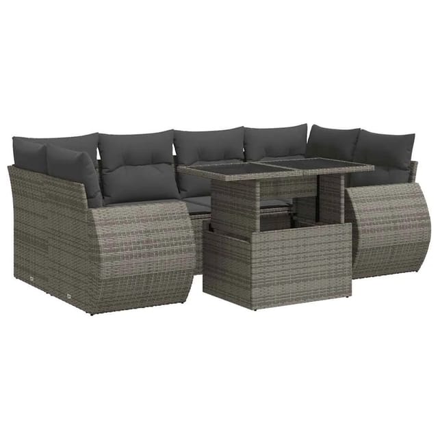 vidaXL 7-Tlg Garten-Sofagarnitur mit Kissen Grau Poly Rattan 3326591