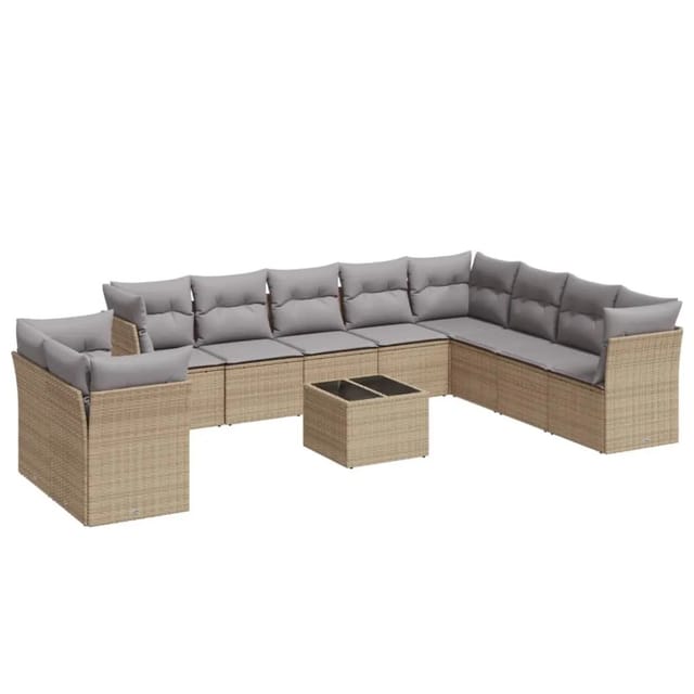 vidaXL 11-Tlg Garten-Sofagarnitur mit Kissen Beige Poly Rattan 3217869
