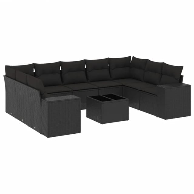 vidaXL 10-Tlg Garten-Sofagarnitur mit Kissen Schwarz Poly Rattan 3223004
