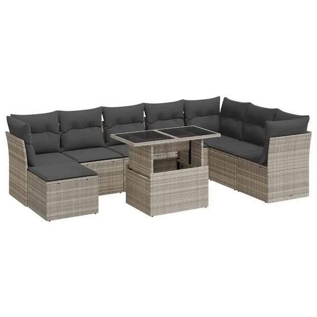 vidaXL 9-Tlg Garten-Sofagarnitur mit Kissen Hellgrau Poly Rattan 3326213
