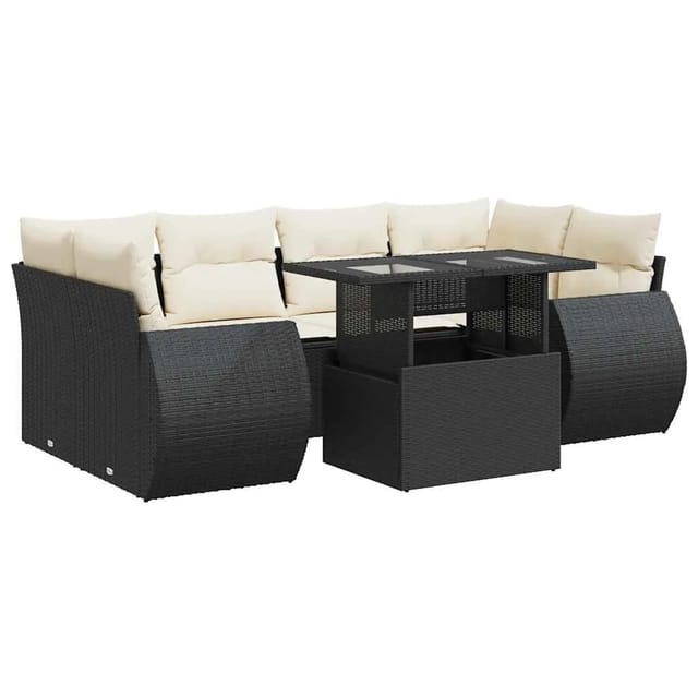 vidaXL 7-Tlg Garten-Sofagarnitur mit Kissen Schwarz Poly Rattan 3326587