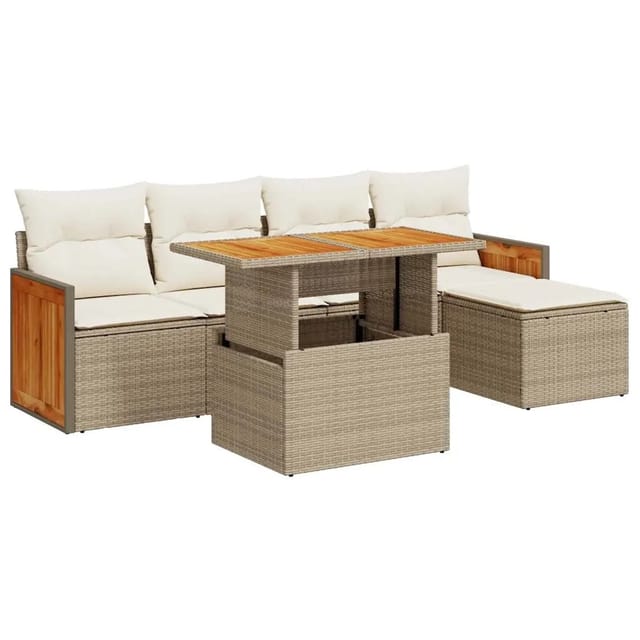 vidaXL 6-Tlg Garten-Sofagarnitur mit Kissen Beige Poly Rattan Akazie 3327698