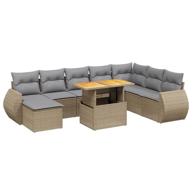 vidaXL 9-Tlg Garten-Sofagarnitur mit Kissen Beige Poly Rattan 3272333