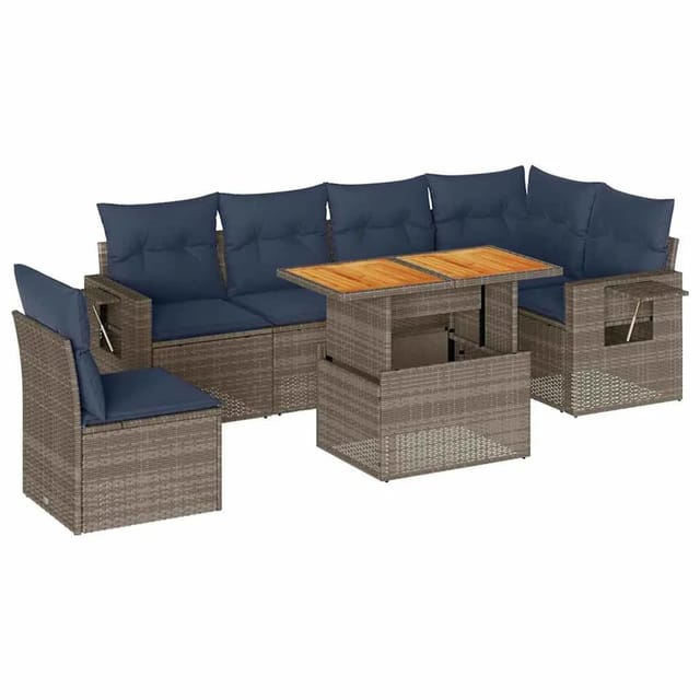 vidaXL 7-Tlg Garten-Sofagarnitur mit Kissen Grau Poly Rattan 3327162