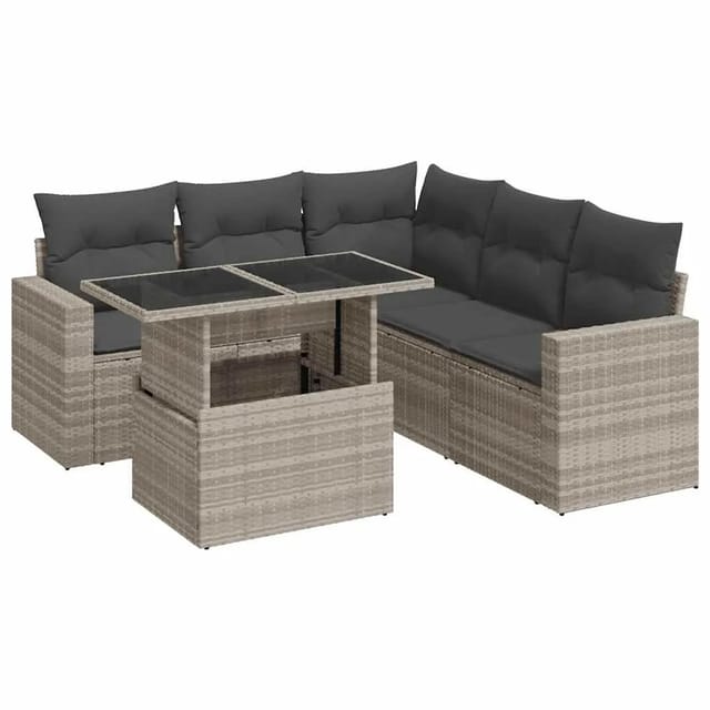 vidaXL 6-Tlg Garten-Sofagarnitur mit Kissen Hellgrau Poly Rattan 3326323