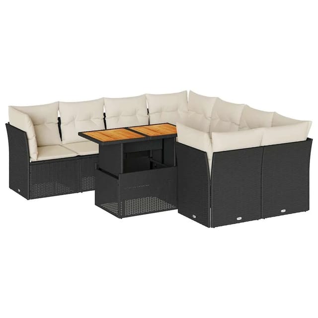 vidaXL 9-Tlg Garten-Sofagarnitur mit Kissen Schwarz Poly Rattan 3326905