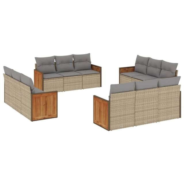 vidaXL 12-Tlg Garten-Sofagarnitur mit Kissen Beige Poly Rattan 3259917