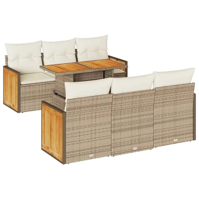 vidaXL 7-Tlg Garten-Sofagarnitur mit Kissen Beige Poly Rattan Akazie 3327670