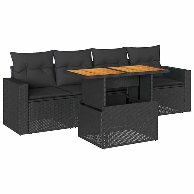 vidaXL 5-Tlg Garten-Sofagarnitur mit Kissen Schwarz Poly Rattan 3326981