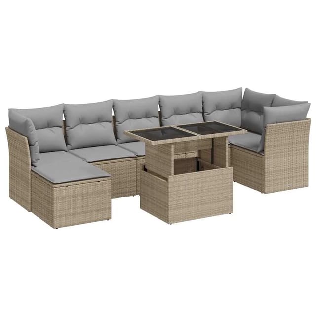 vidaXL 8-Tlg Garten-Sofagarnitur mit Kissen Beige Poly Rattan 3326200