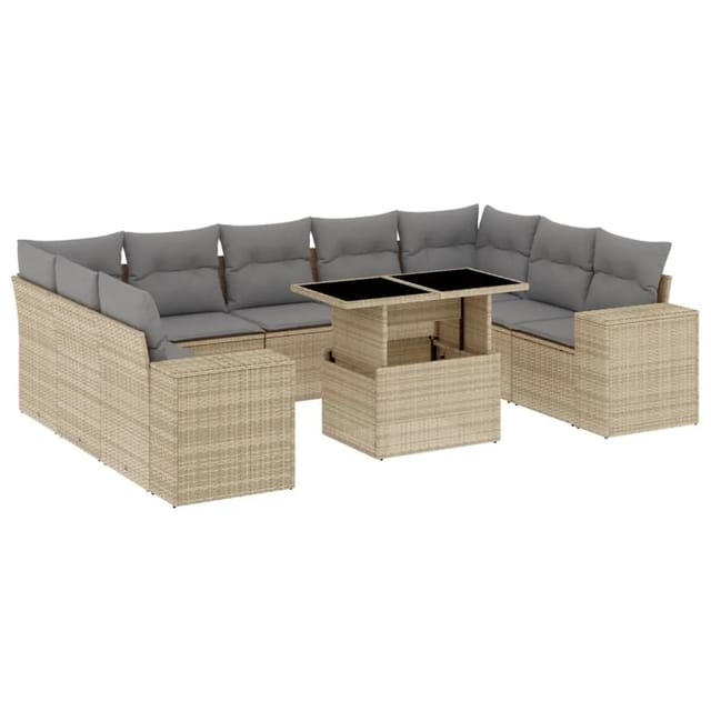 vidaXL 10-Tlg Garten-Sofagarnitur mit Kissen Beige Poly Rattan 3269369