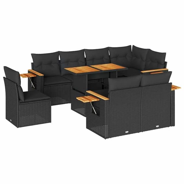 vidaXL 9-Tlg Garten-Sofagarnitur mit Kissen Schwarz Poly Rattan 3327611