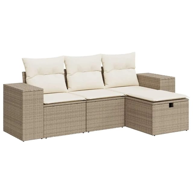 vidaXL 4-Tlg Garten-Sofagarnitur mit Kissen Beige Poly Rattan 3325654