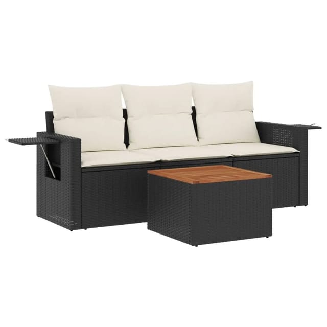 vidaXL 4-Tlg Garten-Sofagarnitur mit Kissen Schwarz Poly Rattan 3256763