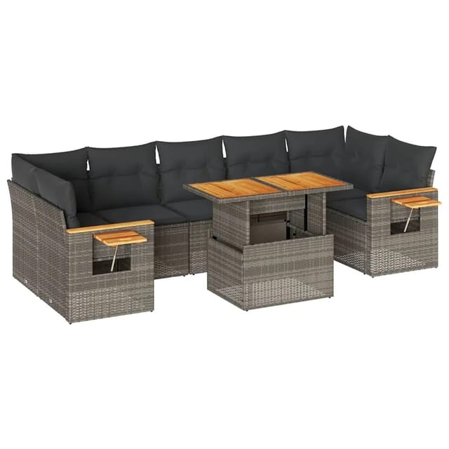 vidaXL 8-Tlg Garten-Sofagarnitur mit Kissen Grau Poly Rattan Akazie 3327574